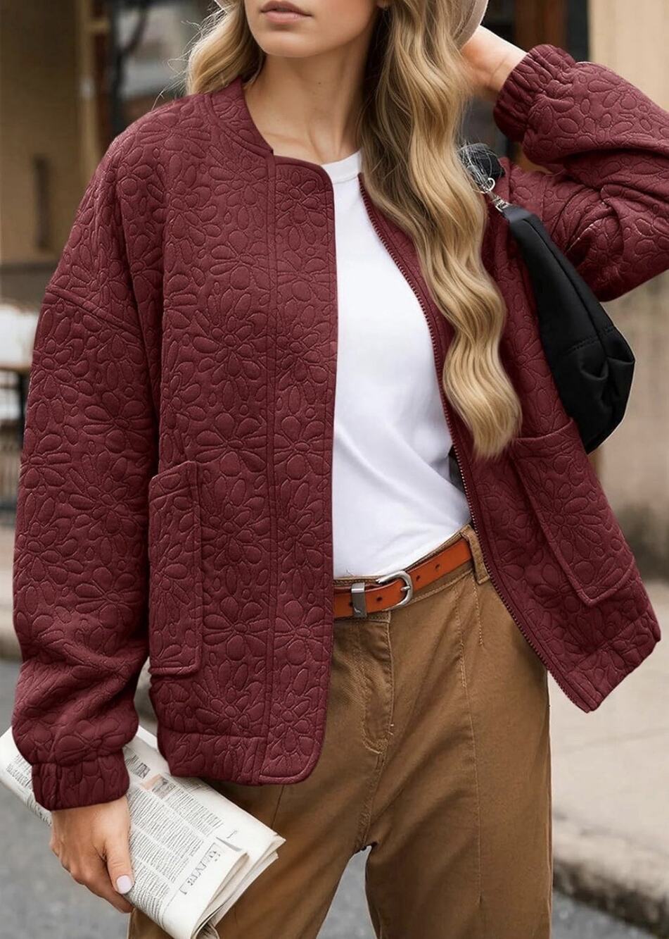 Tankaneo Quilted Bomber JacketsLightweight Zip Up Burgundy Women’s M